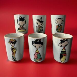 PCDG Sake Tea Cups Set of 6 Kokeshi Doll Design Porcelain Japan MCM